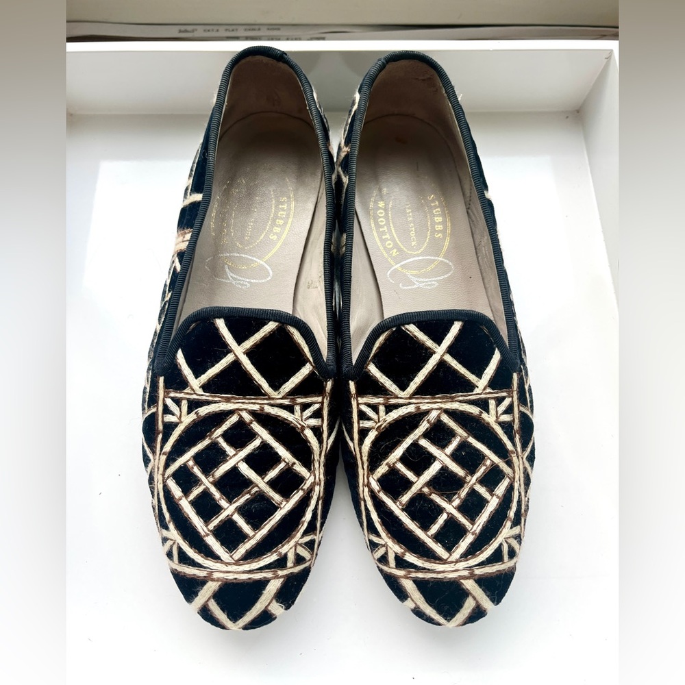 Stubbs Wootton | Black velvet “Bamboo” loafers, size 36